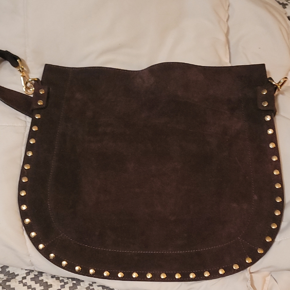 Chic Brown Suede Shoulder Bag with Gold Accents